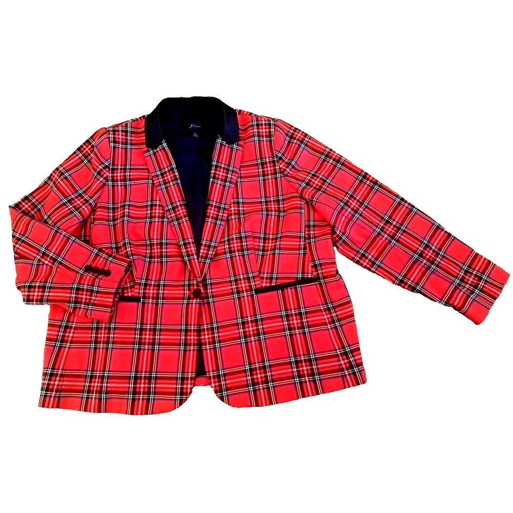 Womens J Crew Blazer Red Plaid Wool Blend Satin Collar Lined One Button 24